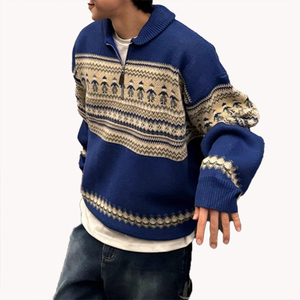 Suéter de Media Cremallera para Hombre, Otoño Invierno, Estilo Retro, Tejido Holgado, Cuello Solapa, Jersey Versátil, Prenda Superior Masculina, Ropa de Punto Versátil para Hombre - Product Image 2