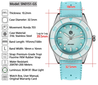 Montre à quartz pour femme San Martin SN0151GS 32,5 mm, montre de luxe tendance, montre de couple assortie, cadran en nacre, saphir, étanche à 200 m