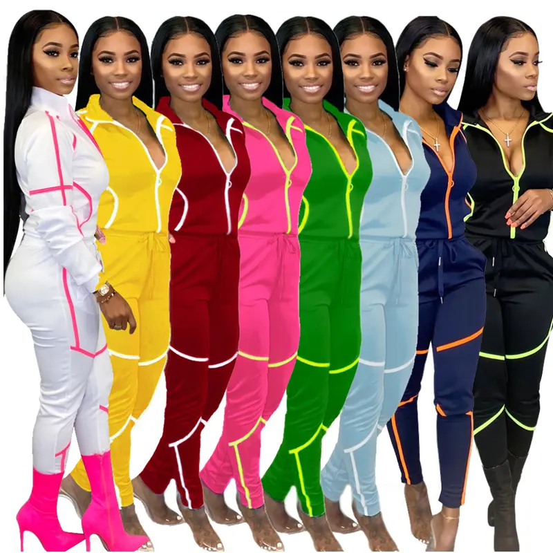 D8005 Fashion long sleeve casual pants set women stripe two piece set With Zippers fall 2022 women clothes