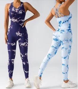Custom Logo Tie Dye Yoga Jumpsuit Breathable Pants Seamless Tight Sports Fitness Wear Women