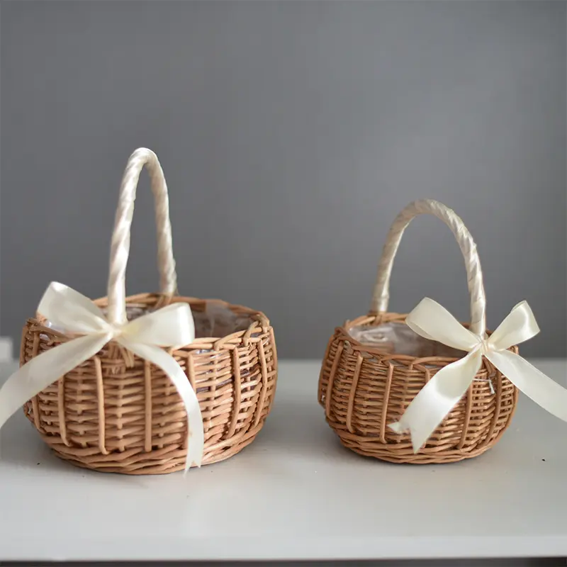 Home Decoration Wedding Flower Girl Basket Set Wicker Willow Flower Basket with Handle Candy Storage Basket