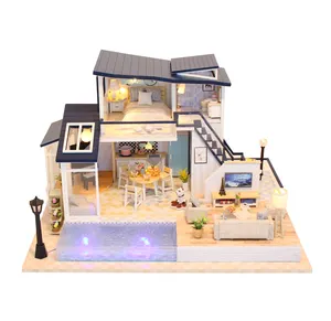 Hadiah ulang tahun rumah boneka Dreamhouse menarik Dengan Kolam Diy rumah boneka Miniled miniatur rumah Eropa Model kotak warna cinta