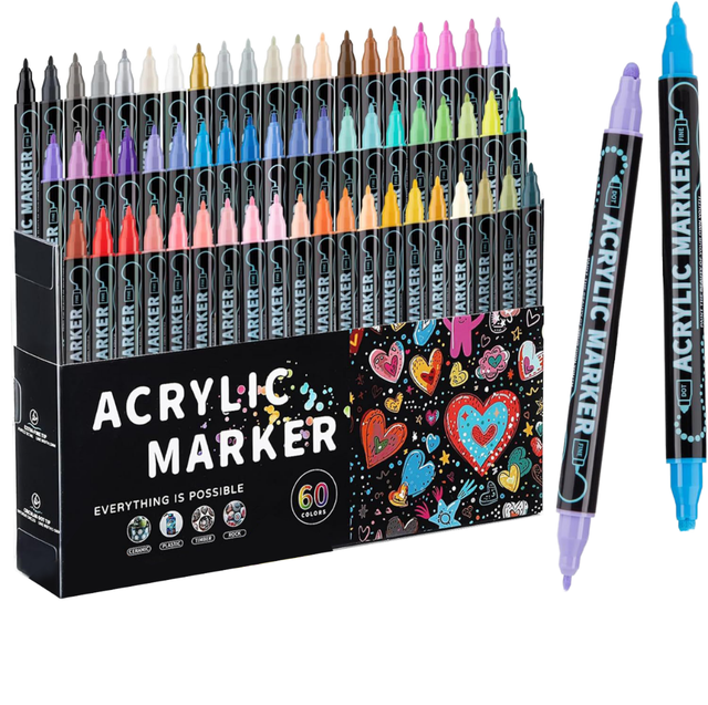 60 Colors Dual Tip Water-Based Acid-Free Non-Erasable Multi-Material Kids & Adults Art Marker Set with Dot & Fine Tips