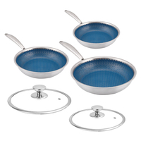Ensemble de poêles de cuisson antiadhésives 3 couches en acier inoxydable alvéolé, avec couvercle, pour œufs et autres préparations