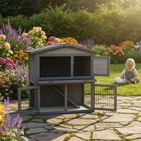 Cage à lapins en bois durable avec portes verrouillables et enclos en grillage, maison à lapins à 2 étages avec rampe pour petits animaux