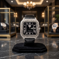 Montre analogique à cadran carré en quartz, incrustée de diamants Moissanite, boîtier en acier inoxydable, bracelet en caoutchouc et verre cristal, légère