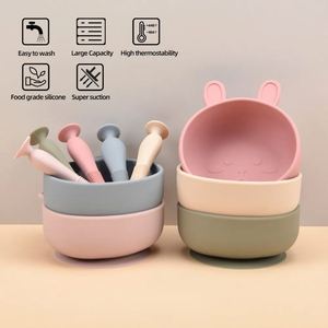 Cartoon Rabbit Silicone Feeding Bowl Set Non-Slip BPA Free Custom <b>Kids</b> <b>Dining</b> Product for Toddler Training Baby Food Grade - Product Image 4
