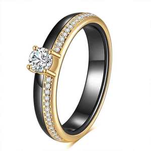 Women's <b>Ceramic</b> <b>Ring</b> 4mm Round Zircon Prong Setting Engagement Jewelry Steel White Black Gold Color - Product Image 4