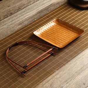 Bamboo Fiber Woven Basket Herringbone Pattern Shallow Fruit Plate Japanese Style Dessert Stand <b>Tray</b> Serving <b>Trays</b> Set - Product Image 3