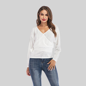 Venta al por mayor <span class=keywords><strong>cuello</strong></span> en V de camisas de manga larga de punto suelto Tops <span class=keywords><strong>Jersey</strong></span> suéteres - Product Image 1