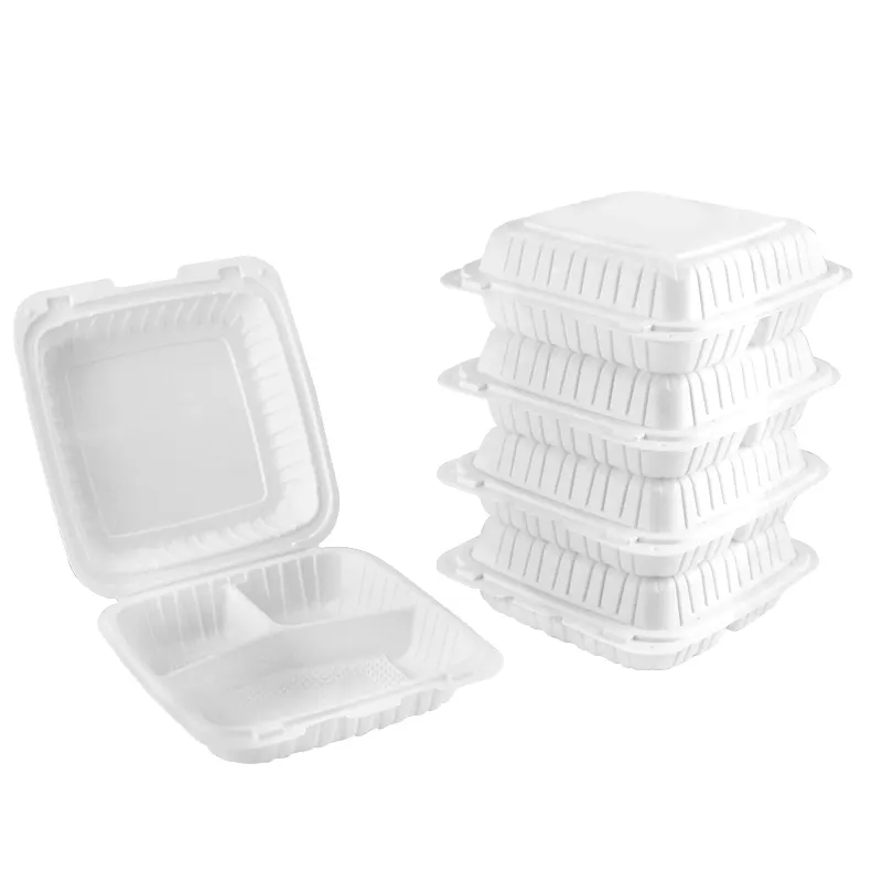 Contenedor de microondas de 8x8 pulgadas, tapa con bisagras de PP lleno de Mineral, con 3 compartimentos, color blanco, embalaje de alimentos, venta al por mayor