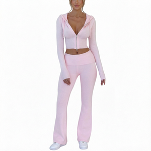 Conjunto de dos piezas de punto rosa para mujer, con sudadera con capucha y cremallera, y pantalones acampanados, atuendo informal de otoño - Product Image 5
