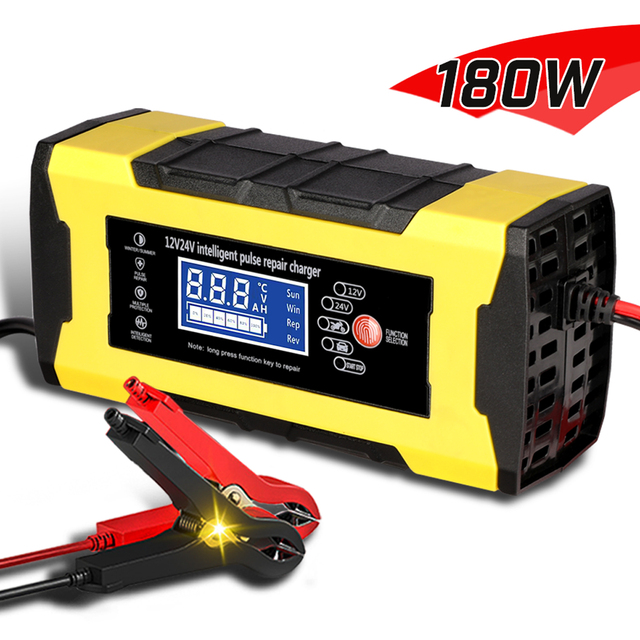Portable 12V 12A 24V 6A Smart Battery Charger Fast Charging Pulse Repair for Lead Acid Car Battery with Display AC Port 144W