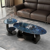 Table basse en pierre microcristalline avec cadre métallique, style luxe moderne, espace de rangement, design incurvé pour petit appartement