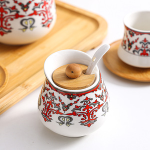 Bohemia Style Coffee Cup and Sugar Jar <b>Arabic</b> <b>Tea</b> <b>Set</b> with Wooden Tray Ceramic Coffee <b>Set</b> - Product Image 4