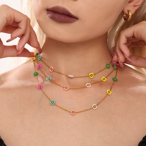 Bohemia Anti Tarnish Gold <b>Necklace</b> 18K Real Stainless Steel Colorful Flower <b>Necklace</b> <b>Set</b> for Women Girls - Product Image 3