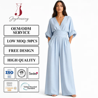 Combinaison ample bleu clair pour femme Joydressing, col en V, manches chauve-souris, taille haute, tenue une pièce