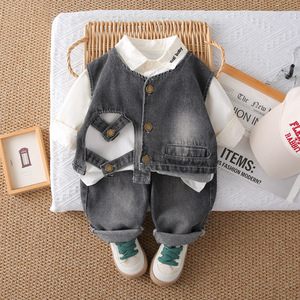 Nouvel Ensemble d'Été Trois Pièces en Jean pour Enfants, Garçons et Filles, Style Formel avec Motif 3D, Gilet en Coton et Chemise à Manches Longues à l'Étrangère - Product Image 3