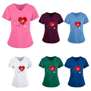 Camiseta de poliéster con estampado de corazón para mujer, camisetas médicas de enfermera con estetoscopio ECG, <span class=keywords><strong>uniformes</strong></span> de Hospital - Product Image 1