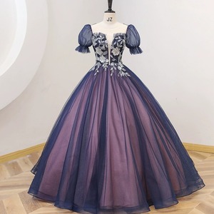Navy Blue Puff Sleeve Evening Gown Women Stage Performance Tutu Skirt Wedding Dress Polyester Fiber 1031 - Product Image 1