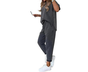 Conjunto de 2 piezas casual para <span class=keywords><strong>mujer</strong></span>, novedad 2025, de comercio exterior transfronterizo AliExpress europeo y americano, de color liso, manga corta y pantalón corto. - Product Image 6