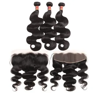 Jueshuashuo — tissage de cheveux 100 naturels, cheveux brésiliens vierges, Body Wave, sans traitement, lot de 3 avec 1 Frontal, vente en gros