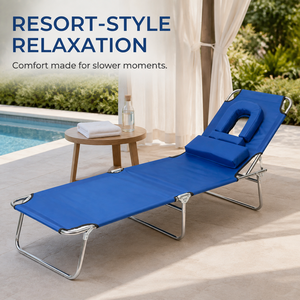 <span class=keywords><strong>Tumbona</strong></span> Reclinable <span class=keywords><strong>Plegable</strong></span> Azul de Acero Resistente con Diseño Moderno, Orificio para la Cara y Cojín de Reposacabezas para Uso Comercial en Hoteles - Product Image 1