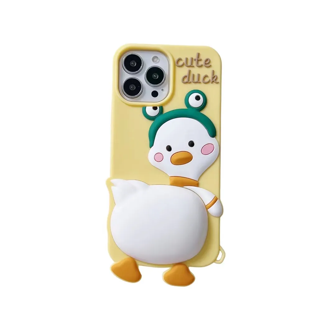 IPhone15 14 13 12 11 ProMax保護ソフトシリコンカバー用のかわいい3D漫画ダックキャラクター電話ケース