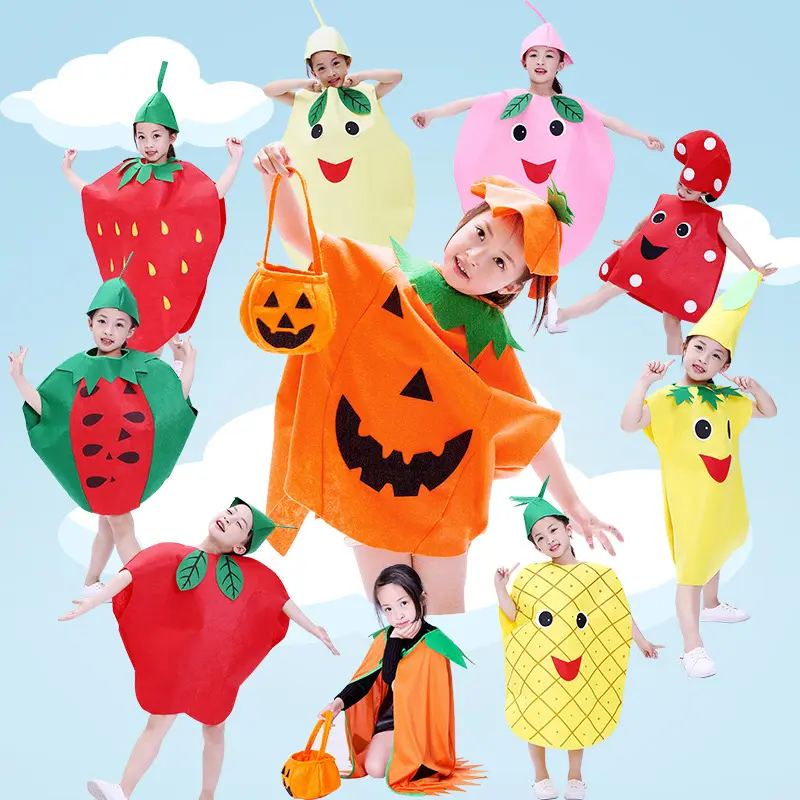 Halloween Cosplay Costume Children's Day Fruit Vegetable Smock Kindergarten Funny Pumpkin Cloak with Hat