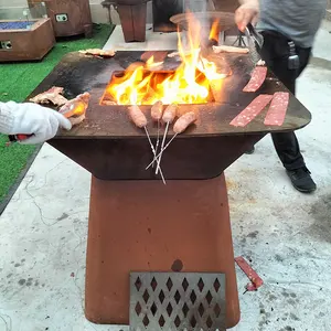 Bbq Rusty Corten Steel Fire Pits With Log Store Charcoal Barbecue Grill