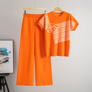 Ensemble de chandails en tricot pour femmes, été, manches courtes, pantalon ample, deux pièces, vêtements décontractés tendance - Product Image 3