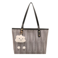 Tas Tote Rajut Tweed Vintage Grosir Pabrik, Gantungan Awan Bulu Lucu, Kapasitas Besar, Tas Selempang Belanja Kasual Wanita