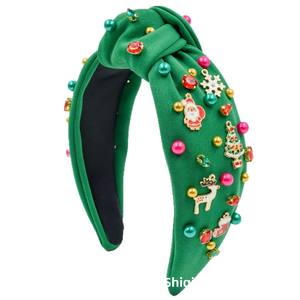 Nouveau serre-tête de Noël pour femme, en tissu, incrusté de gros diamants, avec Père Noël et flocon de neige, fait main, tendance, noué - Product Image 1