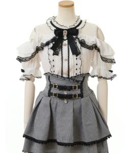 Lolita Style japonais courte longueur été 2 pièces ensemble genou couleur bloc nœud dentelle Lotus manches <span class=keywords><strong>Volume</strong></span> épaule Style jupe - Product Image 4