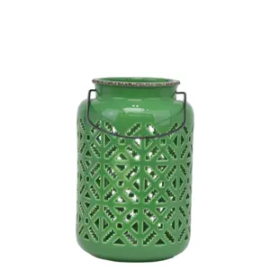 Modern hollow out design glazed ceramic lantern garden decorated lantern green solar lantern