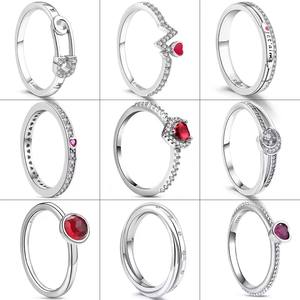 Anillos Pantaro originales de plata de ley S925, anillos de circón redondos con Círculo de corazón rojo de amor brillante para <span class=keywords><strong>mujer</strong></span>, joyería, regalo de compromiso - Product Image 1