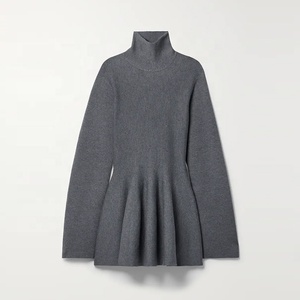 Strickwarenhersteller individuelle Herbst Winter grau Rundhalsausschnitt lange Ärmel Damenwolle Strickpullover Minikleid - Product Image 1