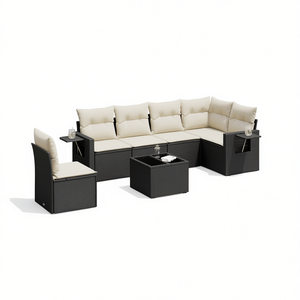 Cream White And Black Garden Sofa <b>Set</b> With <b>Side</b> <b>Tables</b> 6 Seater Rattan Outdoor Furniture Contemporary Design - Product Image 1