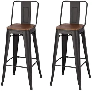 Tall Industrial <b>Vintage</b> Style <b>Chairs</b> Metal Legs Solid Wood Seat Tolix Bar Stools With Backrest - Product Image 1