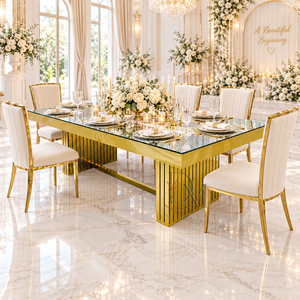 Mesa de Banquete Rectangular de Lujo con Espejo de Acero Inoxidable Dorado y Base de Doble Pedestal con Listones para Eventos, Venta al Por Mayor - Product Image 5