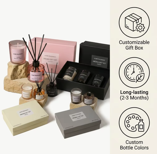 Factory Customize Logo Reed Diffuser Candle Set for Indoor Home Decoration Long-lasting Burning Four-color Souvenir Gift Box