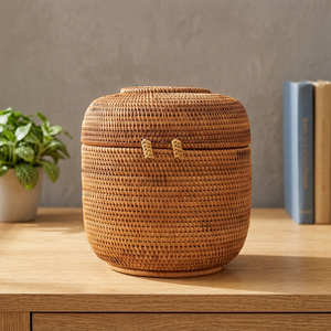 Panier de rangement en rotin naturel tressé, forme ronde, écologique, rustique, multi-usages, pour l'organisation et le rangement - Product Image 2