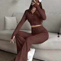 Atasan Yoga Rajut Tanpa Jahitan 2 Potong Kasual Wanita, Celana Panjang Lebar, Bahan Bernapas, Elastis, Slim Fit untuk Olahraga Fitness