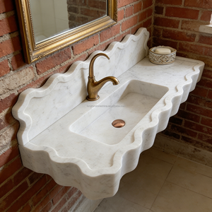 Lavabo mural en pierre pour salle de bain personnalisée, lavabo en marbre, lavabo à <span class=keywords><strong>main</strong></span>, lavabo en marbre blanc de Carrare avec dosseret - Product Image 1