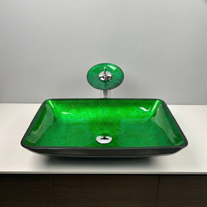 <span class=keywords><strong>Lavabo</strong></span> de Baño Rectangular de Vidrio Templado con un Solo Orificio, Estilo Vintage, Color <span class=keywords><strong>Verde</strong></span>, Marca BOWEIYA - Product Image 3
