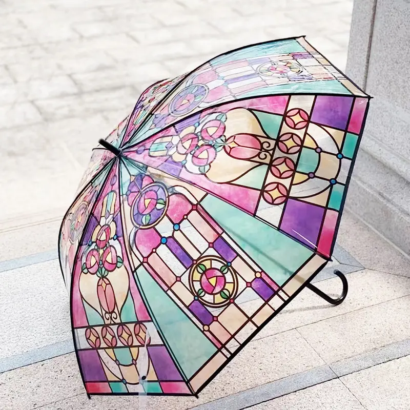 Wholesale Japanese Style 23 Inch Church Glass Pattern Adult Straight Pole Long Handle Transparent Rain Umbrellas