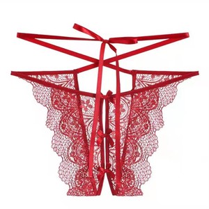 Culotte transparente sexy à entrejambe ouvert, string en dentelle orné de rubans, T-shirt sexy taille basse - Product Image 1