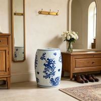 Tabouret Tambour en Céramique Bleu et Blanc Classique, Peint à la Main avec Motifs d'Oiseaux et de Papillons, Siège Tambour, Table d'Appoint, Tabouret pour la Décoration de la Maison