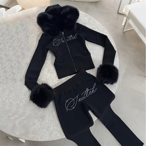 Ensemble survêtement pour <span class=keywords><strong>femme</strong></span> avec logo en strass personnalisé, sweat à capuche zippé à col en fourrure et <span class=keywords><strong>pantalon</strong></span> évasé, haute qualité, adapté aux grandes tailles - Product Image 1