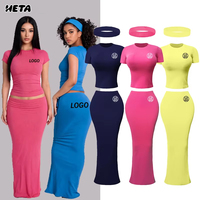 Ensemble 2 pièces pour femme, style Y2K 2026, manches courtes et jupe longue, avec logo personnalisé, adapté aux grandes tailles, été, couleur unie, en coton et élasthanne